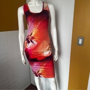 Venus Tropical Dress Body Forming with ruched sides hot pink Palm Trees Med